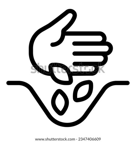 Hand and grains in soil line icon, farm garden concept, Sowing seeds sign on white background, Hand planting seeds in ground icon in outline for mobile web design. Vector graphics. Royalty-Free Stock Photo #2347406609