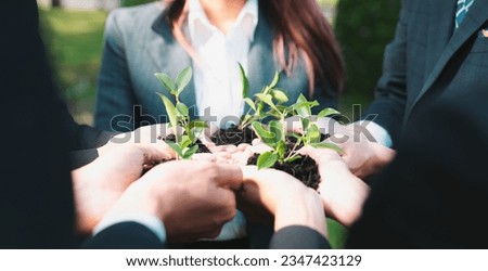 Business people hold plant together in unity and teamwork concept of eco company committed to corporate social responsible, reducing CO2 emission, embrace ESG principle for sustainable future. Gyre Royalty-Free Stock Photo #2347423129