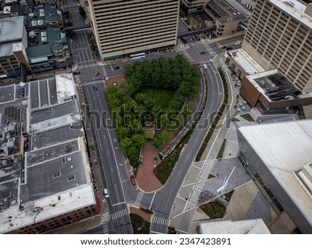 Aerial view of triangle park in downtown district of Lexington, Kentucky Royalty-Free Stock Photo #2347423891