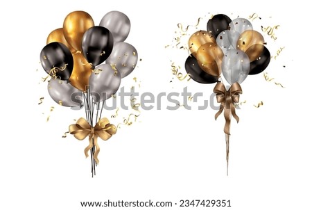 Set of realistic black and silver balloons with ribbons and confetti. Vector illustration.