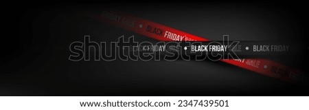 Tape ribbon Black Friday Sale with Light on black background. Vector illustration. Royalty-Free Stock Photo #2347439501