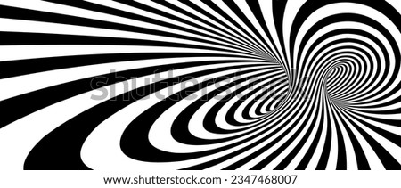 Abstract hypnotic spinning lines background. Black and white vertical tunnel wallpaper. Psychedelic twisted stripes pattern. Spiral template for posters, banners, cover. Vector optical illusion Royalty-Free Stock Photo #2347468007