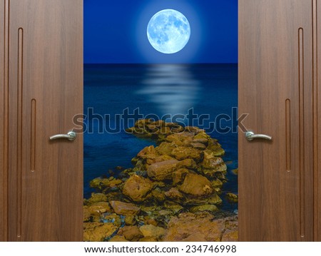 open door view night landscape with the big moon Royalty-Free Stock Photo #234746998
