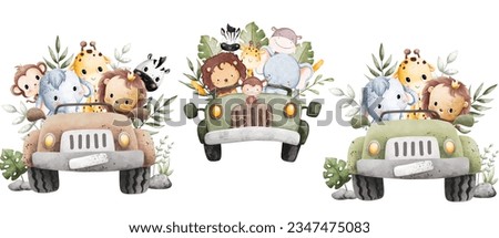 Watercolor safari animals in jeep clip art