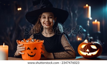 Cute teenage witch with a carved pumpkin. Beautiful young girl in carnival costume. Halloween Party concept.