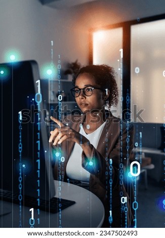 Black woman working in office and digital data concept. Digital transformation. Royalty-Free Stock Photo #2347502493