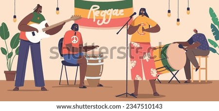 Reggae Musicians On Stage Exude Vibrant Energy With Their Rhythmic Movements And Soulful Vocals, Vector Illustration