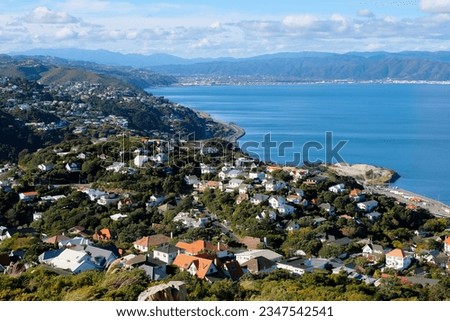 Aerial landscape view of suburban residential houses nestled amongst trees and harbour in capital city of Wellington, New Zealand Aotearoa Royalty-Free Stock Photo #2347542541