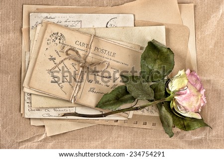 dried rose flower and old letters. vintage postcards and envelopes. scrapbook