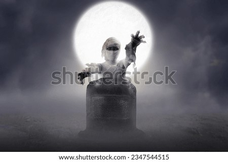 Mummy crawled from the grave on the night. Scary Halloween concept