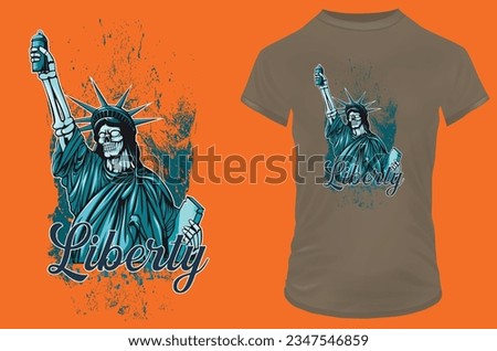 Funny zombie statue of liberty with spray bottle in cartoon style. Vector illustration for tshirt, website, print, clip art, poster and print on demand merchandise.