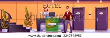 Hotel reception lobby interior with staff in uniform - female receptionist and bellboy stand and welcome visitors near desk in hall. Cartoon vector illustration of administrator and concierge.