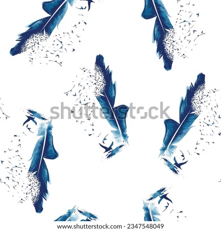 Seamless pattern with feathers and bird. Art design watercolor texture. Vector illustration.