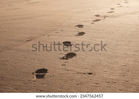 creative layout of shoe prints on the sand by the beach photographed in the late afternoon. High-angle view