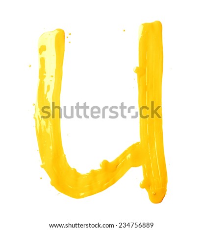 Letter U character hand drawn with the oil paint brush strokes, isolated over the white background