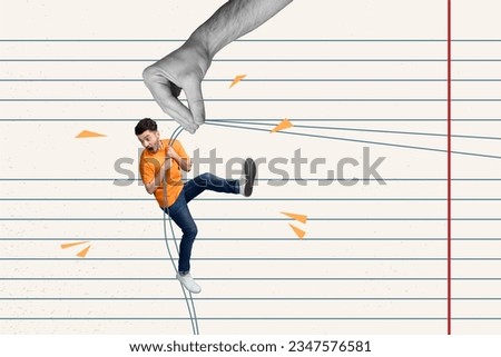 Composite photo collage illustration of scared horrified man holding rope look down in abyss isolated on creative drawing background