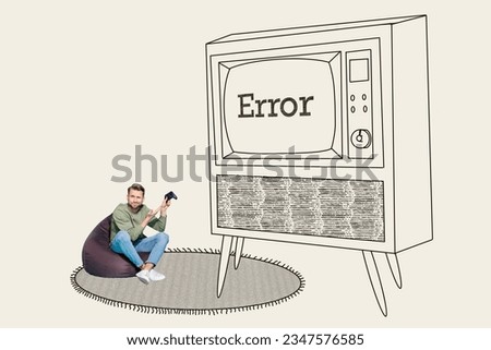 Image picture magazine collage of disappointed guy sit bean gag have fun playstation game over error isolated on painted background