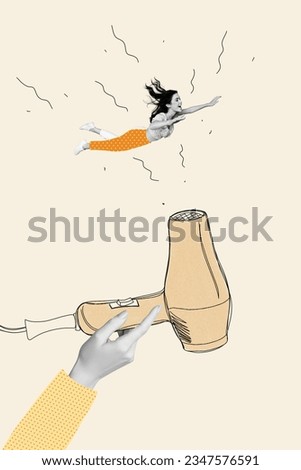 Poster picture collage magazine of crazy funky girl flying levitating above hair dryer isolated on paited white color background