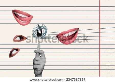 Picture magazine collage of human eyes mouth lunch time fork roll up delicious spaghetti isolated on painted white color background