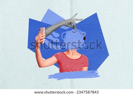 Photo template collage of scribble complicated woman faceless anonymous hold phone recording selfie video isolated on blue background Royalty-Free Stock Photo #2347587843