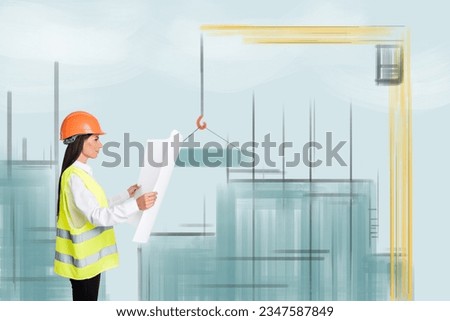 Artwork magazine collage picture of busy lady architect watching paper sheet controlling building project town infrastructure