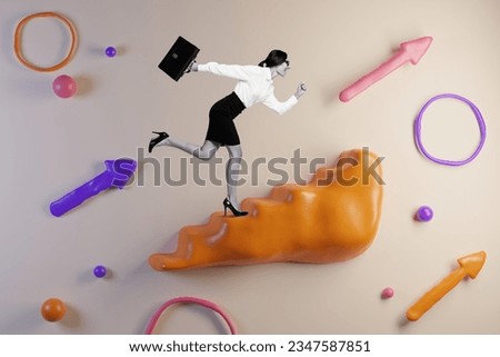 Banner collage image picture of excited lady running towards her dream goal progress isolated on 3d creative background