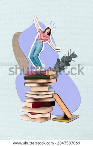 Vertical collage image of impressed frightened mini girl stand balancing huge pile stack book isolated on paper background
