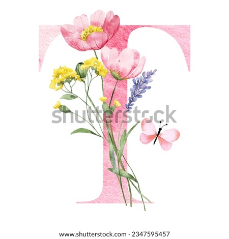 Floral alphabet, letter T with watercolor flowers and leaf. Monogram initials perfectly for wedding invitations, greeting card, logo, poster and other design. Hand painting.