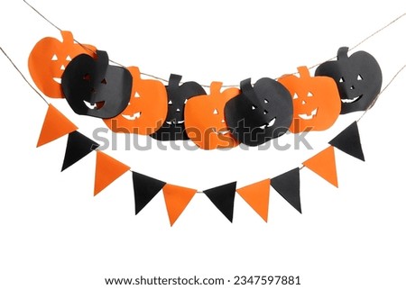 Garlands made of paper flags and pumpkins for Halloween celebration on white background