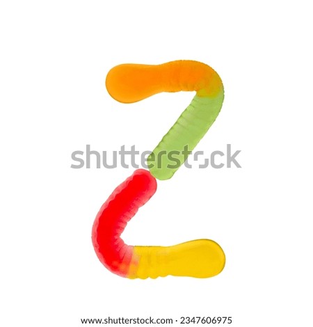 Letter Z made of multicolored gummi worms and isolated on pure white background. Food alphabet concept. One letter of the set of sweet food font easy to stacking