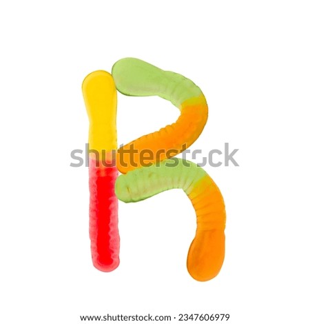 Letter R made of multicolored gummi worms and isolated on pure white background. Food alphabet concept. One letter of the set of sweet food font easy to stacking