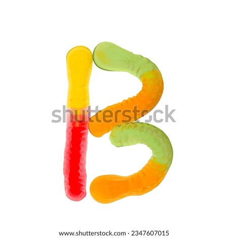 Letter B made of multicolored gummi worms and isolated on pure white background. Food alphabet concept. One letter of the set of sweet food font easy to stacking