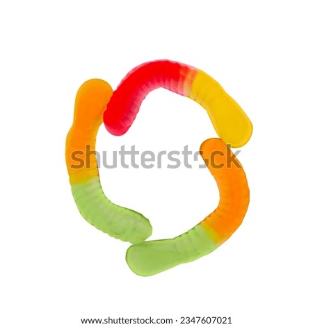 Letter O made of multicolored gummi worms and isolated on pure white background. Food alphabet concept. One letter of the set of sweet food font easy to stacking