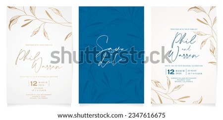 vector illustration set of wedding invitation template design with gold leaves minimalist style for greetings cards template, Stationery, Layout, collage, scene designs, event flyers, prints materials Royalty-Free Stock Photo #2347616675