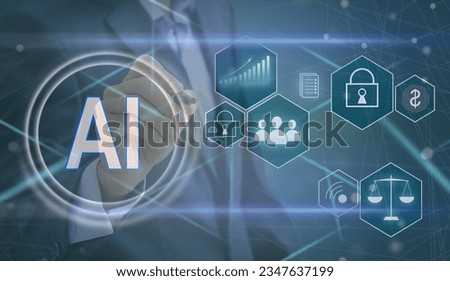 Ai technology. Businessman using labtop touching and connecting chat ai virtual screen white icons.