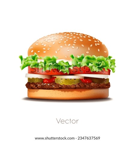 Vector realistic hamburger illustration Classic hamburger American cheeseburger with lettuce, Tomato, Onion, Cheese, Beef and sauce. Close-up isolated on white background. Fast food Royalty-Free Stock Photo #2347637569