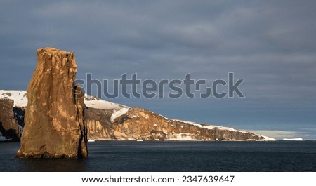 The climb up, view of rock; Deception Island, South Shetlands; Rock pillar, at the entrance, to Bellows; Deception Bay, Blue Island, South Shetlands;  Iceberg at the entrance, Bellows water