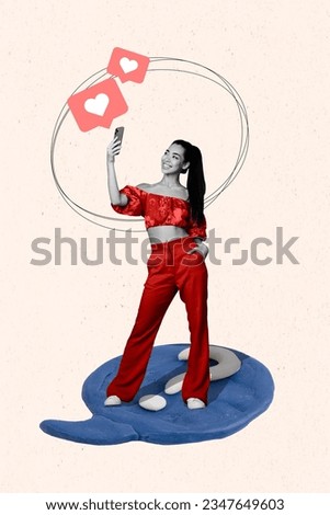 Poster banner collage of beautiful lady stand on plasticine question mark chat bubble not know facebook instagram popularity