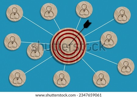 A wooden round target with an arrow and wooden plaques with a stick figure icon are connected, symbolizing the concept of target audience identification Royalty-Free Stock Photo #2347659061