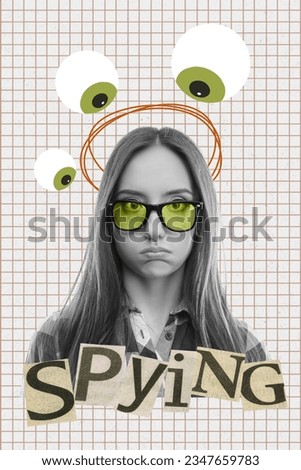 Vertical collage of unsatisfied black white colors girl big eye balls watching spying isolated on checkered painted background