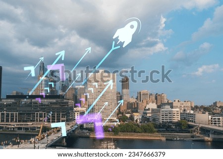 Aerial panorama city view of Philadelphia financial downtown at day time, Pennsylvania, USA. Startup company, launch project to seek, develop and validate scalable business model, hologram