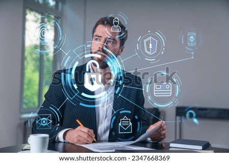 Calm businessman in formal wear signing contract at office workplace with coffee cup, laptop and notebook. Concept of successful deal, agreement, partnership, documents. Lock icons.