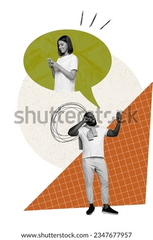 Vertical collage of black white effect guy hold smart phone make selfie dialogue bubble cheerful girl isolated on creative background