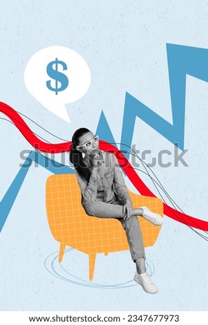 Photo picture vertical illustration collage of thoughts businesswoman sit armchair mind money investing plan isolated on blue background