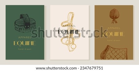 Equestrian card design, equestrian shop product, hand drawn horse tack and harness, horseback riding apparel, classical vintage style Royalty-Free Stock Photo #2347679751