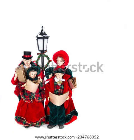 Doll family singing Christmas carols. Empty space for text, isolated on white (square, 1x1)