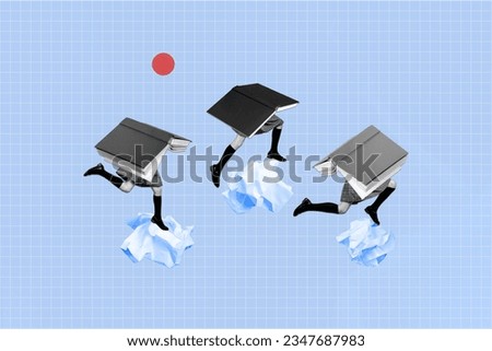 Collage photo picture of three people running have fun prepare exams read more books childhood need knowledge isolated on plaid background