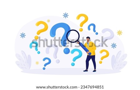 Man holding magnifying glass, researching information. FAQ Frequently Asked Questions, query. Root cause analysis, solving problem. Creative thinking idea. Investigate, search or analyze data Royalty-Free Stock Photo #2347694851