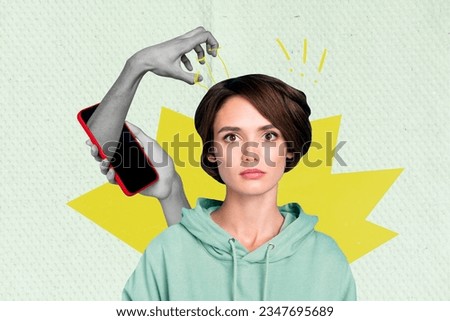 Creative collage of black white effect arm smart phone screen fingers tied string head girl isolated on painted paper background