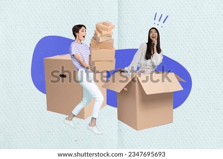 Artwork magazine collage picture of excited ladies holding packing boxes isolated drawing background